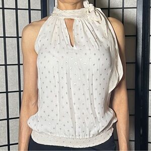 White House Black Market Cream Halter Top- Bow Neck Tie with Metallic Dots